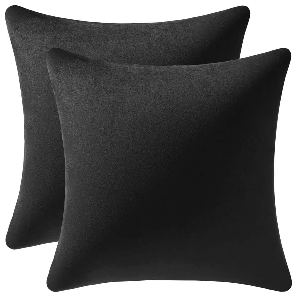 DEZENE Decorative Pillow Covers 18x18 Black 2 Pack Cozy Soft Velvet Square Throw Pillow Cases for Farmhouse Home Decor