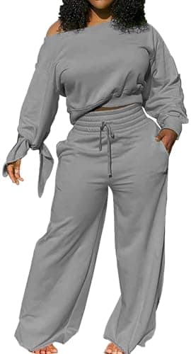 sexycherry Casual Gray 2 Piece Outfits for Women Set Sexy Off Shoulder Long Sleeve Sweatsuits Loose Long Wide Leg Pants Tracksuits with Pockets (2X-Large)