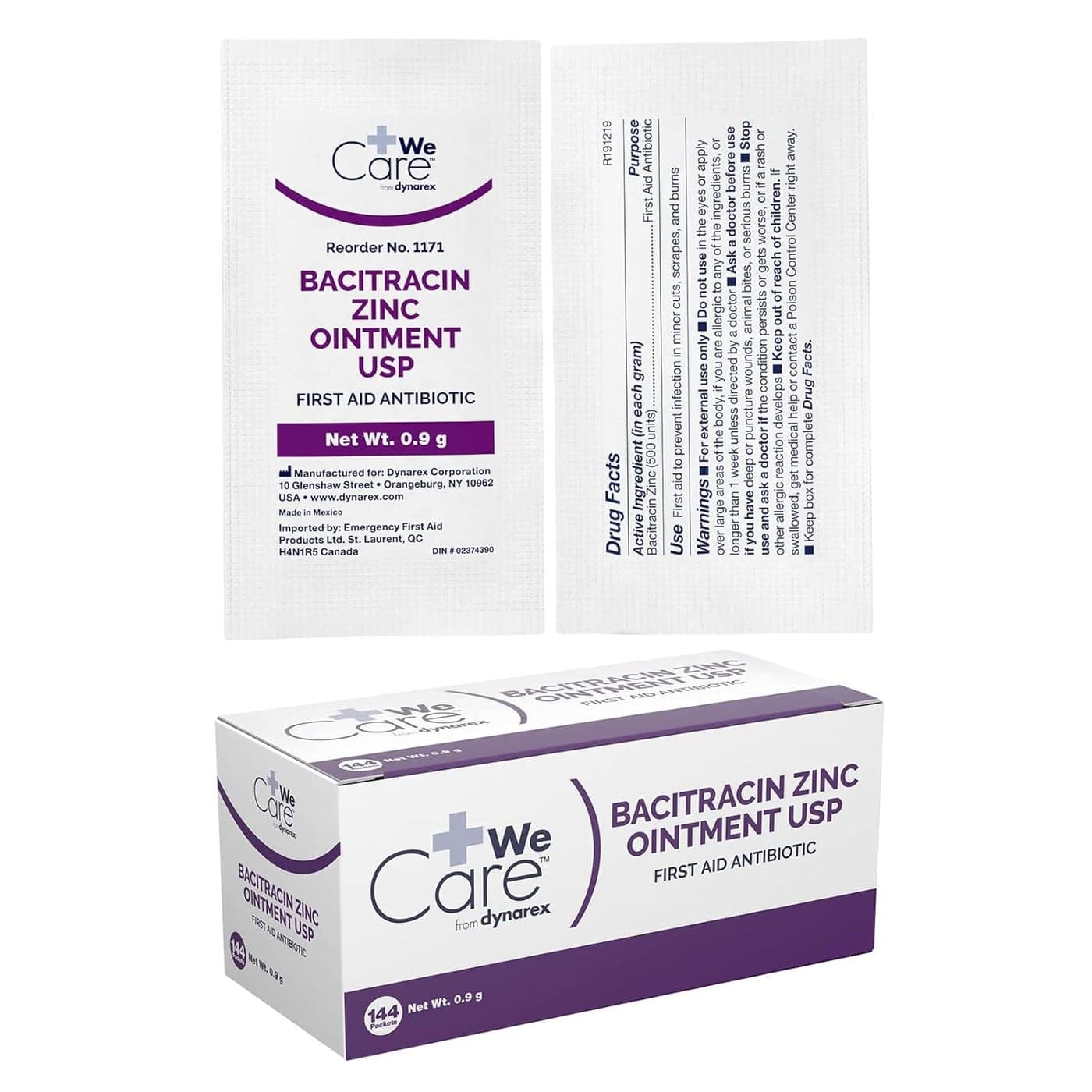Dynarex Bacitracin Zinc Ointment USP - Burn Cream and Antibiotic Ointment for Minor Cuts, Diaper Rashes, Wound Care and First Aid, 0.9g Packets - 1 Box of 144 Packets