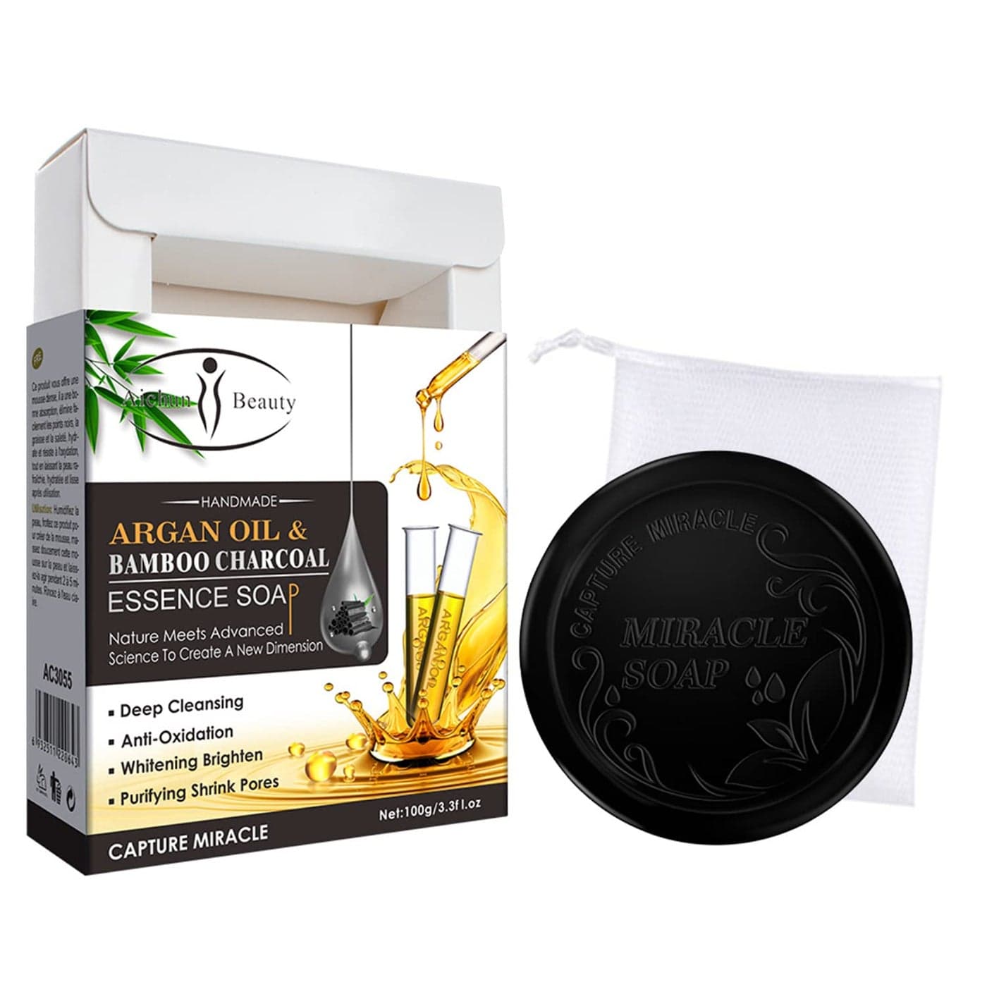 AICHUN BEAUTY Handmade Essence Soap Deep Cleaning Moisturizing Repair Oil Control Skincare 100ml Argan Oil Bamboo Charcoal