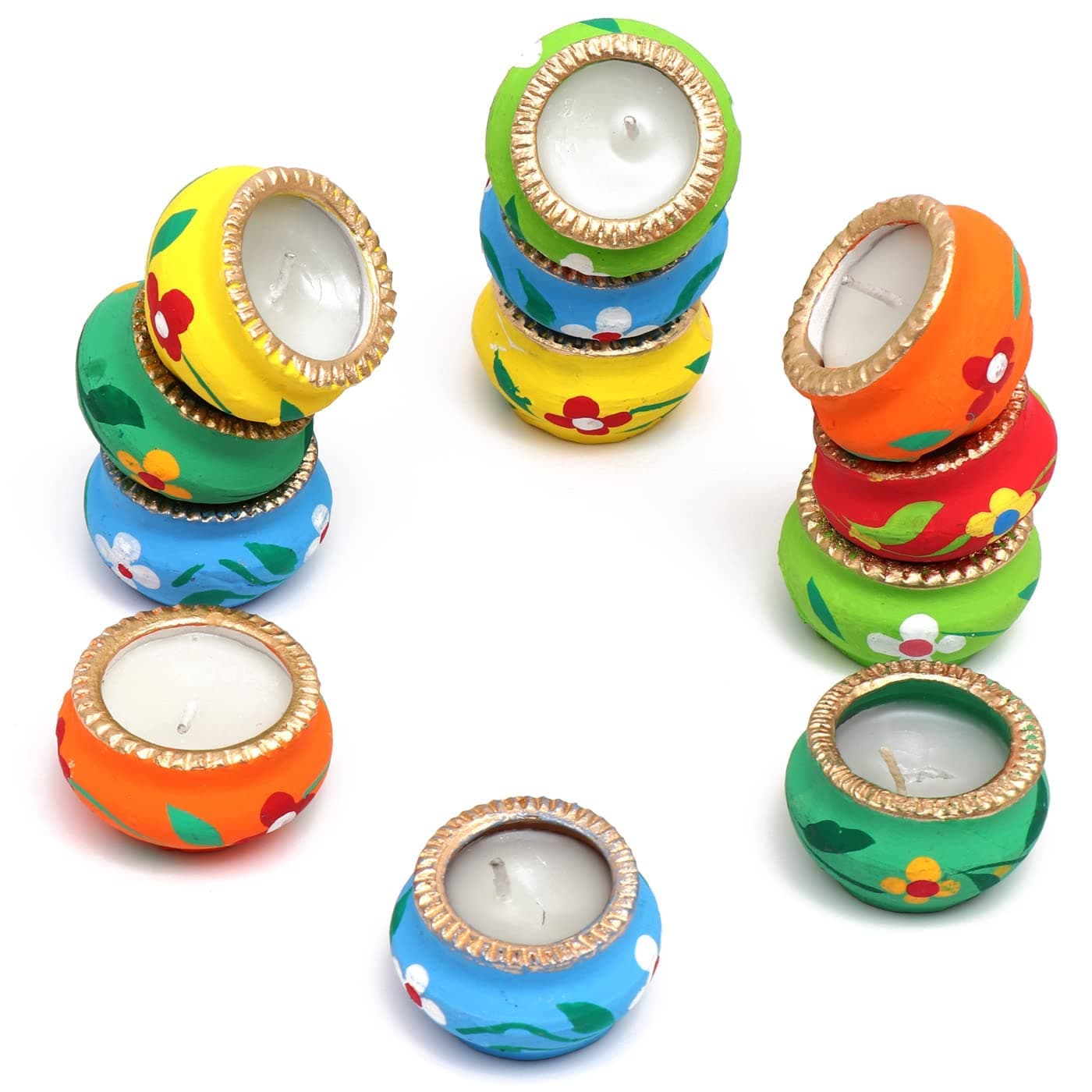 Forty Wings 12 Pcs Beautiful Decorative Flower Printed Matki Wax Diya Tealight Candle Holder Diwali Pooja Diya Candle Diwali Lighting for Diwali Wedding Festival Decoration Items and Diwali Gift Set