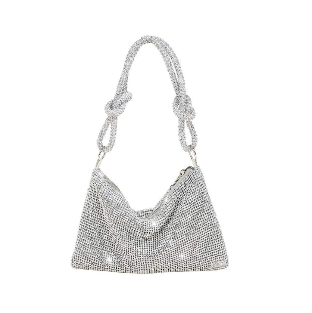 BLUE BEADS "Women's Rhinestone Crystal Evening Clutch Bag - Sparkling Glitter Handbag with Shiny Shoulder Strap - Elegant Tote for Special Occasions (Silver)