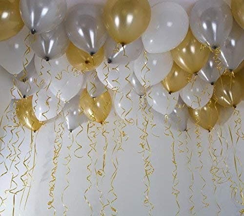 TOYXE Metallic Latex Balloons Golden Silver and White Pack of 50 Pcs