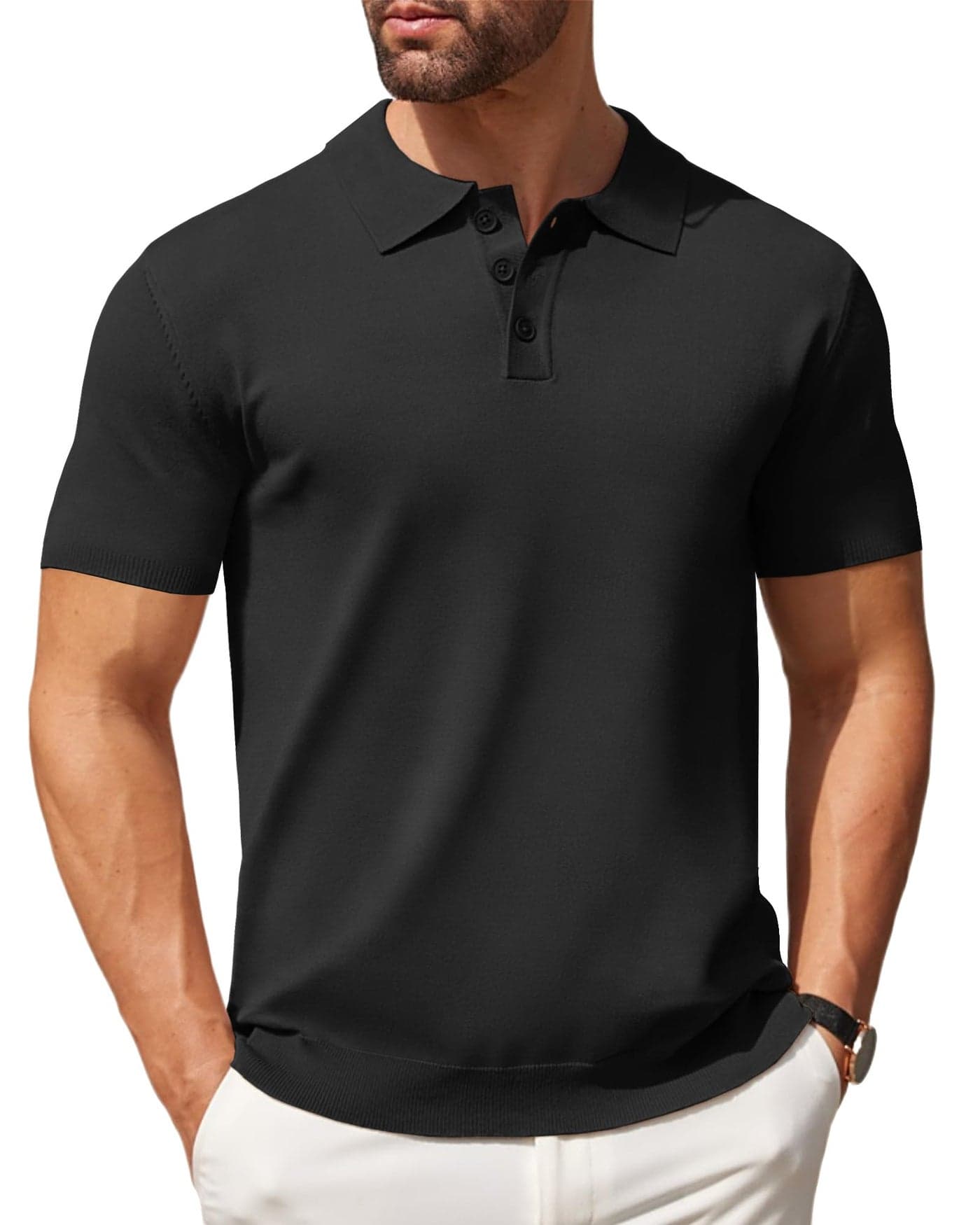 COOFANDY Mens Knit Polo Shirts Quarter Button Shirts Casual Lightweight Short Sleeve Golf T Shirt Black