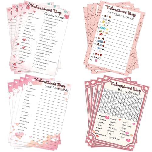 25 Players Valentines Party Games Cards Set Includes Word Search Word Scramble Pictionary Candy Match Games with Answer Key Perfect for Adults Family Office Large Group Party Activities