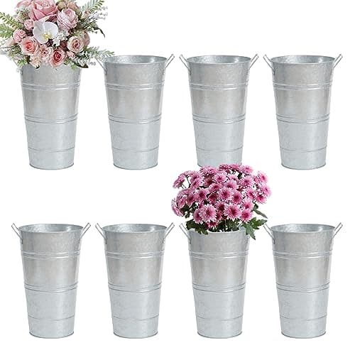 Notakia 8 Pcs 12 Inch Large Galvanized Metal Vases Farmhouse French Flower Bucket Vases for Cut Flowers for Home Decor and Wedding Table Centerpiece Decorations (Large Silver)