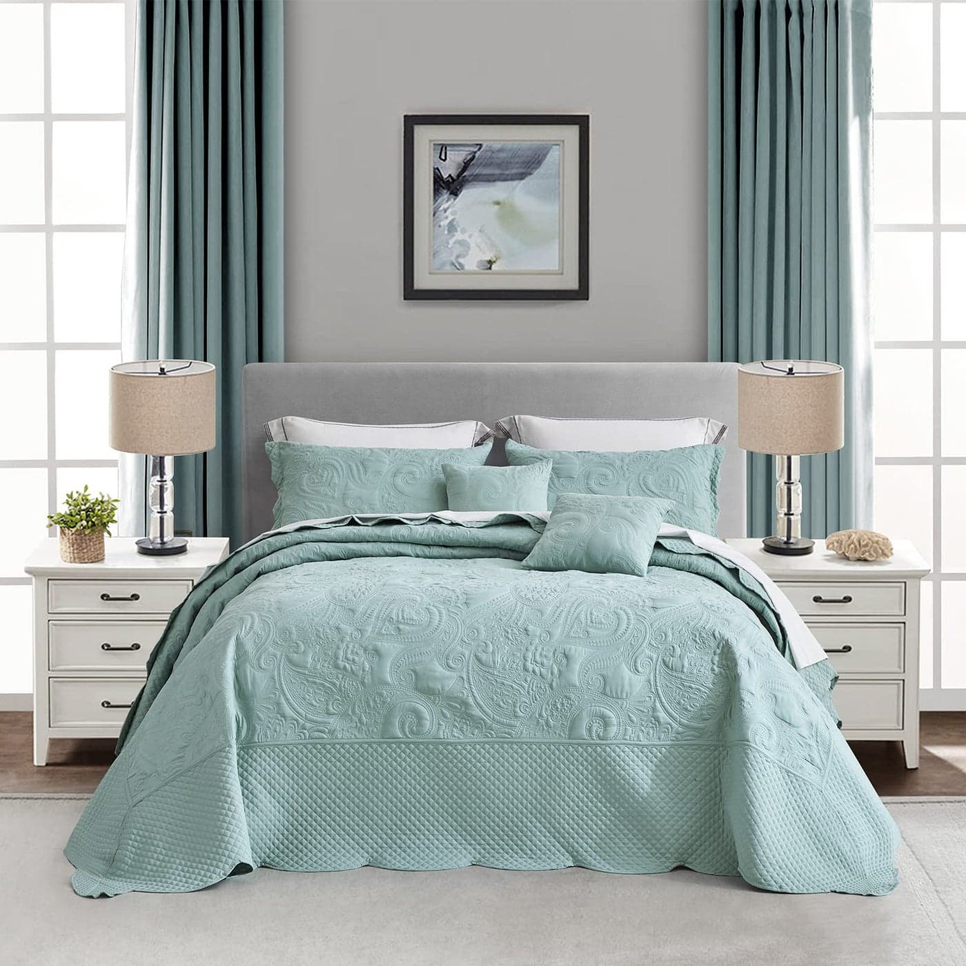 Blythease Oversized King Bedspread Paisley Pattern Design Lightweight Bedding Cover Reversible 5 Piece 100 Microfiber Seaglass