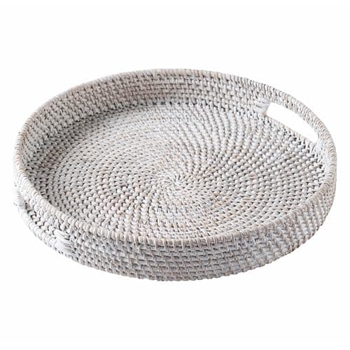 JUNGLE CULTURE Rattan Serving Tray 12" in Whitewash • Woven Serving Trays with Handles for Home • Round Decorative Dining Table Tray • Boho Wicker Serving Basket for Ottoman, Coffee Table, Couch