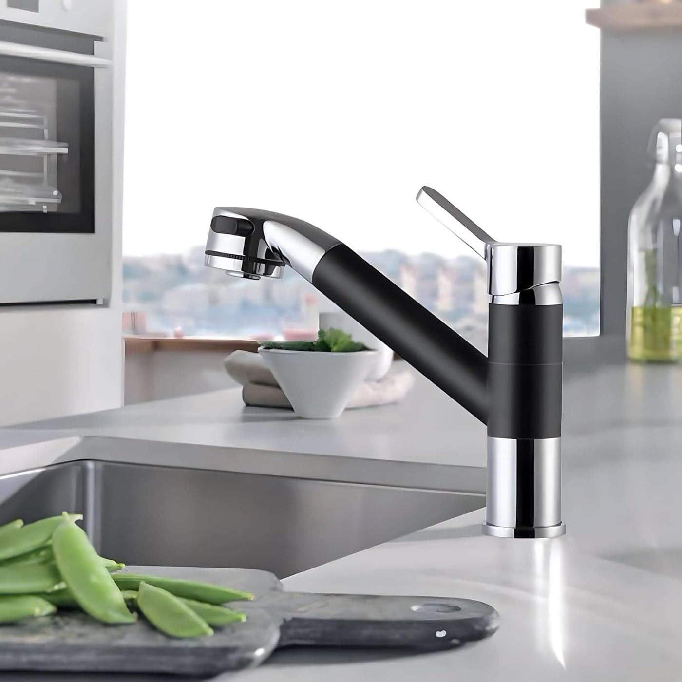 AQUAKART Short Single Lever Kitchen Sink Mixer with 360 Swivel Spout and PullDown SprayerBlack and Chrome Finish Sink Faucet Sink Tap Black Brass and Chrome Finish