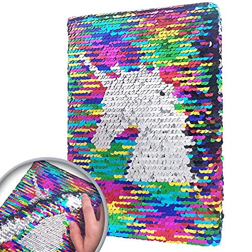 GINMLYDA Sequin Girls Journal for Kids 85x55 Inches 160 Lined Pages Diary for Girls Unicorn Reversible Flip Sequence Notebook for Teenage Pre School Writing Drawing Travel GiftsRainbowSliver