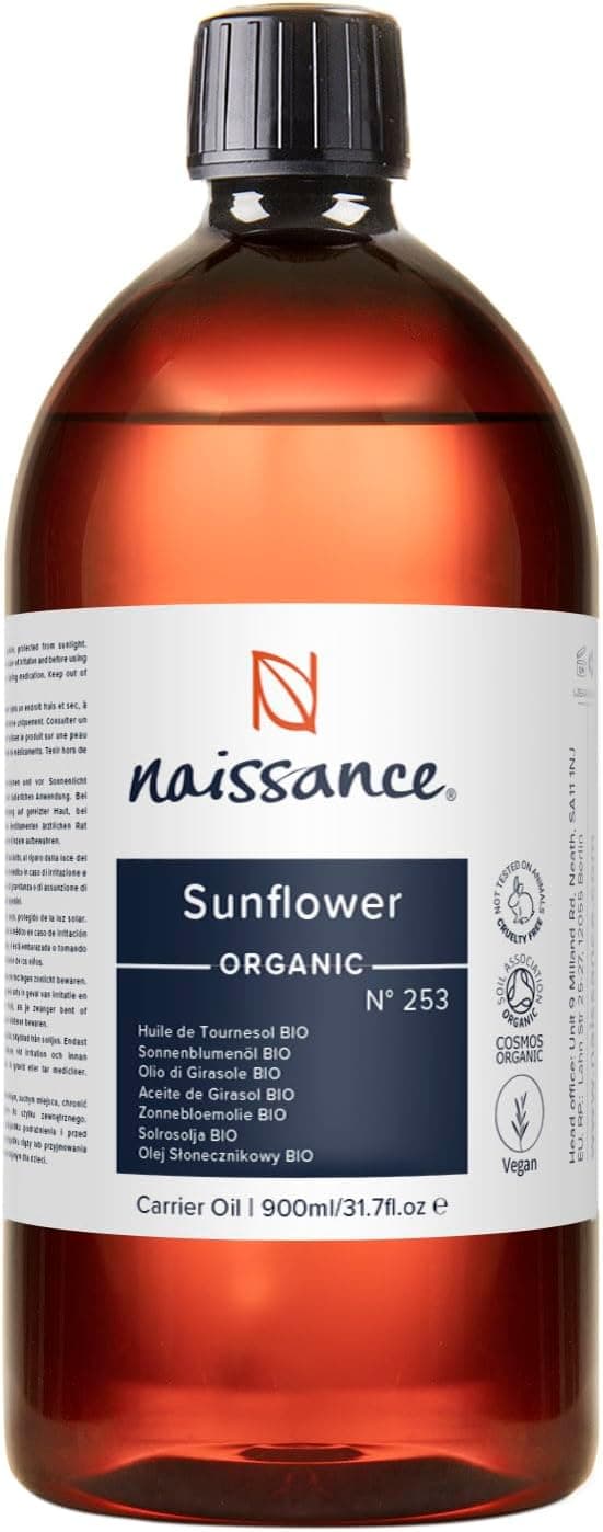 Naissance Organic Sunflower Oil No 253 900ml Certified Organic and Vegan Hydrating and Moisturising Oil for Skin Massage Cosmetics