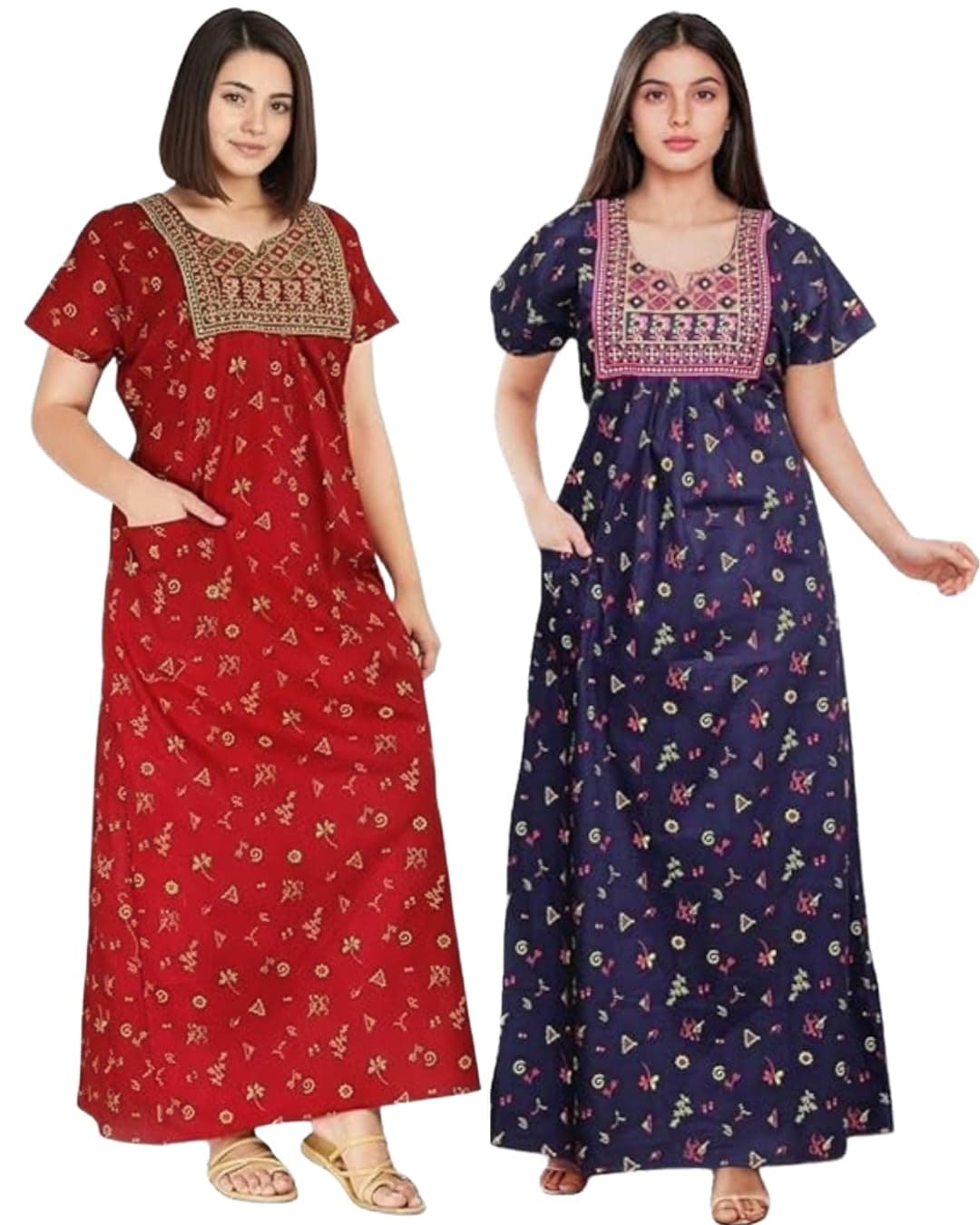 XAKALAKA Women’s Cotton Jaipuri Nighty Gown – Pack of 2 Rajasthani Print Maxi Night Dress with Pocket – Soft & Comfortable Ladies Sleepwear & Loungewear (Red,DarkBlue, Free Size)