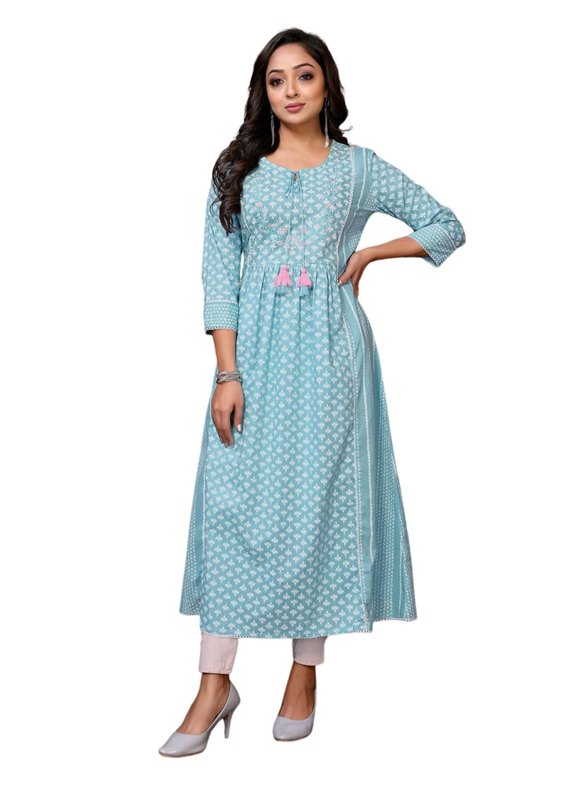 rangita Blue Cotton Calf Length Embroidered Anarkali Kurti | Kurta for Women_S