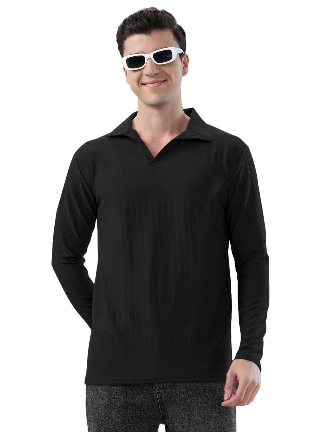 KAJARU Men's Ribbed Knit Polo T-Shirt, Long Sleeve (in, Alpha, M, Black)