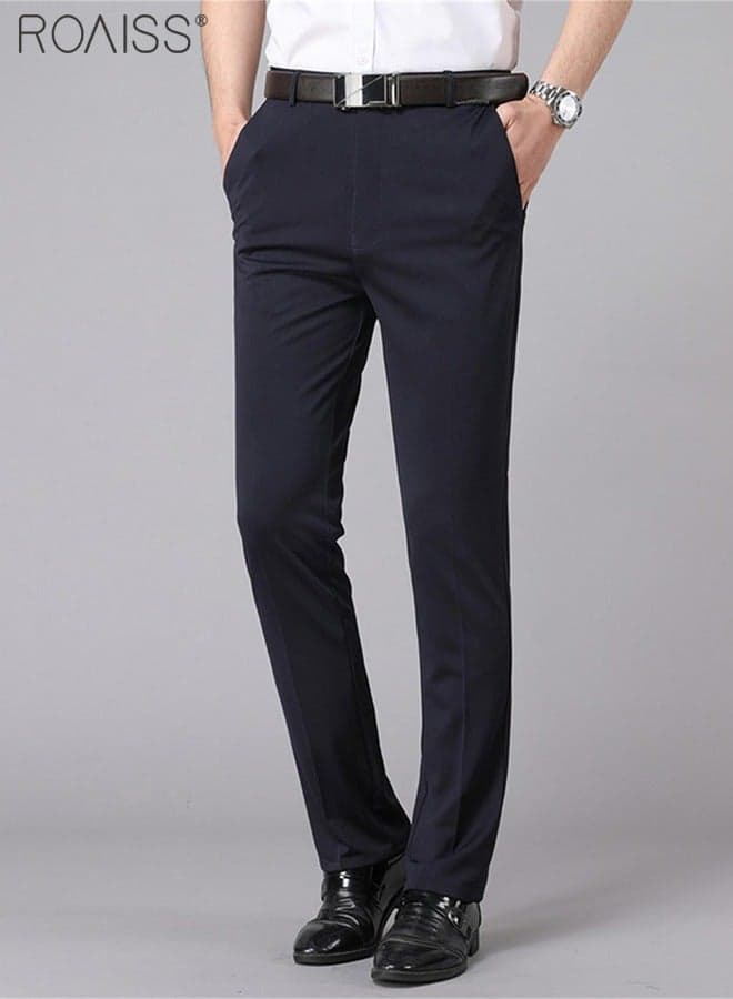 Men's Fashion Casual Business Pants Summer Light Thin High Elastic Classic Navy Blue Suit Pants Skintight Wrinkle-Resistant High Waist Straight Trousers with Pockets on Both Sides