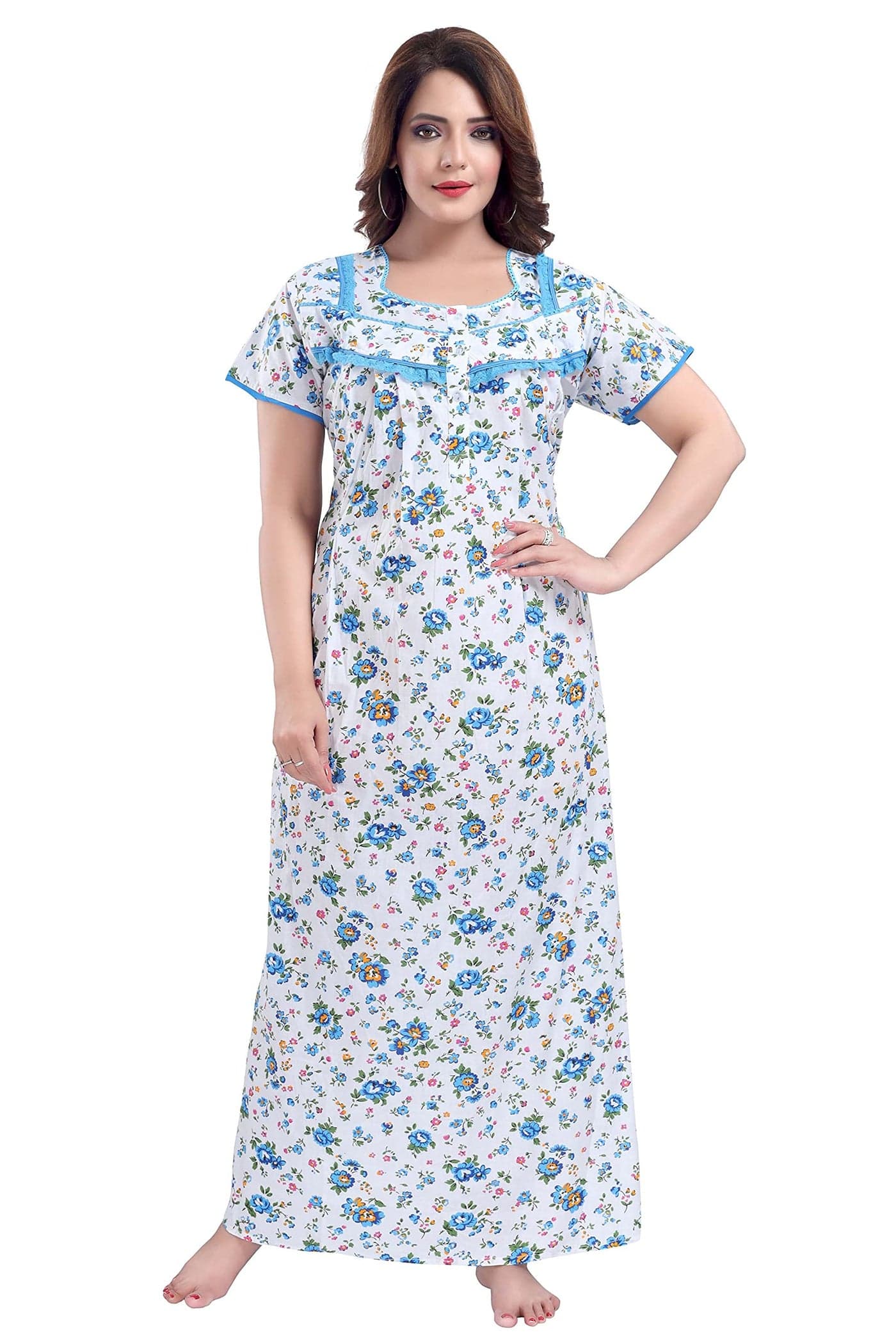 Soulemo Women's Cotton Paisley Maxi Nighty (499XL, Offwhite and Blue, L)