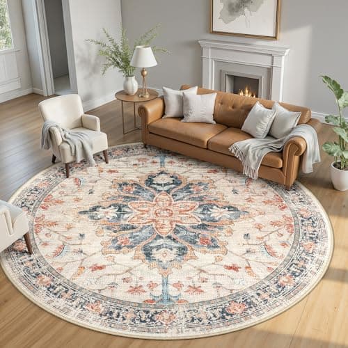 RELEANY 8ft Round Rug Area Rugs 8ft Washable Rug NonSlip Rugs for Living Room for Bedroom Circle Vintage Rugs Boho Floral Medallion Low Pile Soft Beige Dark Blue Navy Red