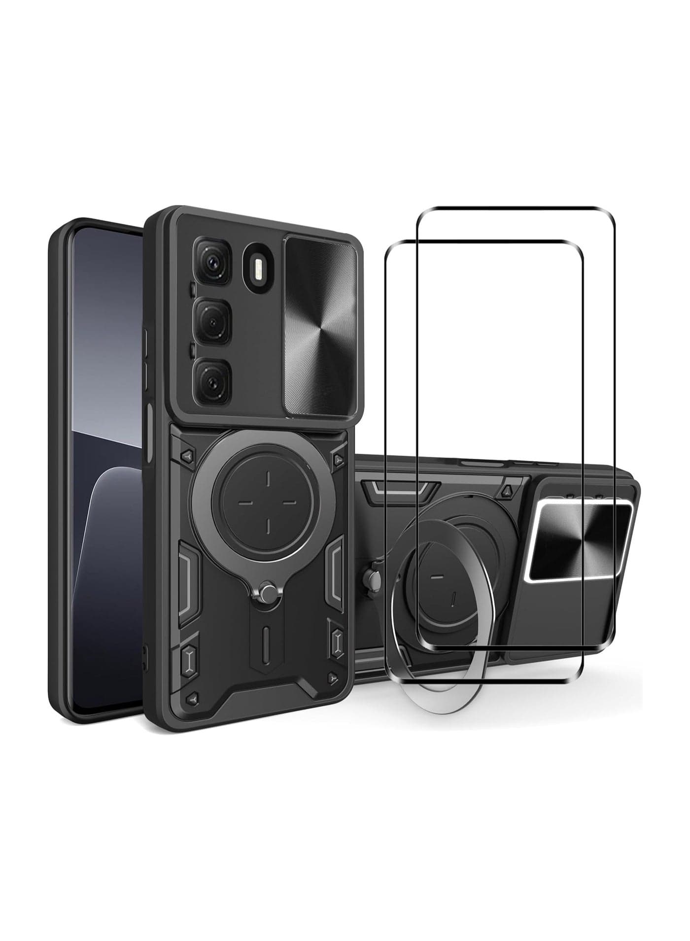 For Tecno Camon 40 Pro 4G protective case with sliding camera cover and stand ring, with tempered glass screen protector 【2 pieces】, military-grade shockproof protective case