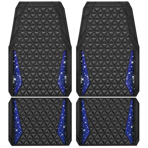 CAR PASS Bling Diamond Car Mats Rubber Floor Mats Full Set AntiSlip 3D Rhombus Waterproof Trim to Fit Liner Universal Glitter Crystal Sparkly Shining Rhinestone Girl Women SUV Sedan Van Black Blue