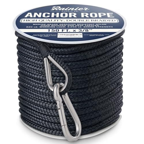 RainierSupplyCo Boat Anchor Rope - Double Braided Marine Rope Anchor Line - 150 ft x 3/8 Inch Nylon Boating Line with 316 Stainless Steel Thimble and Heavy Duty Marine Grade Bow Shackle - Black
