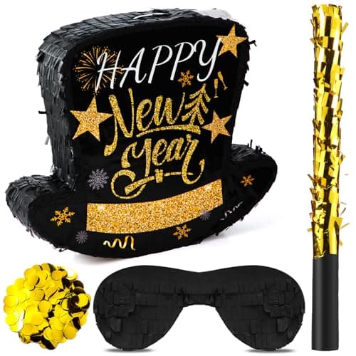 Poen 2026 New Year Piata Black Top Hat Piata with Stick and Blindfold Confetti Happy New Years Eve Party Supplies Decorations Large Piata for Adults Game Party Supplies 1496 x 124 x 295 in