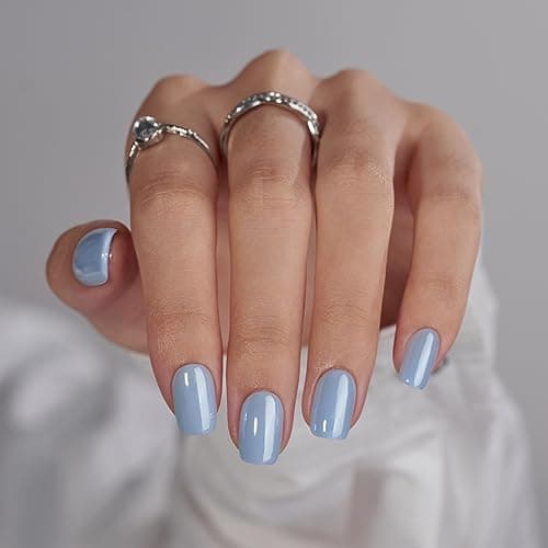 BTArtbox Press On Nails Short Square Press On Nails Blue Glossy Nail Tips Glue On Nails with Nail Glue Reusable Stick On Nails in 15 Sizes 30 Soft Gel Fake Nails Kit Ocean Glazed