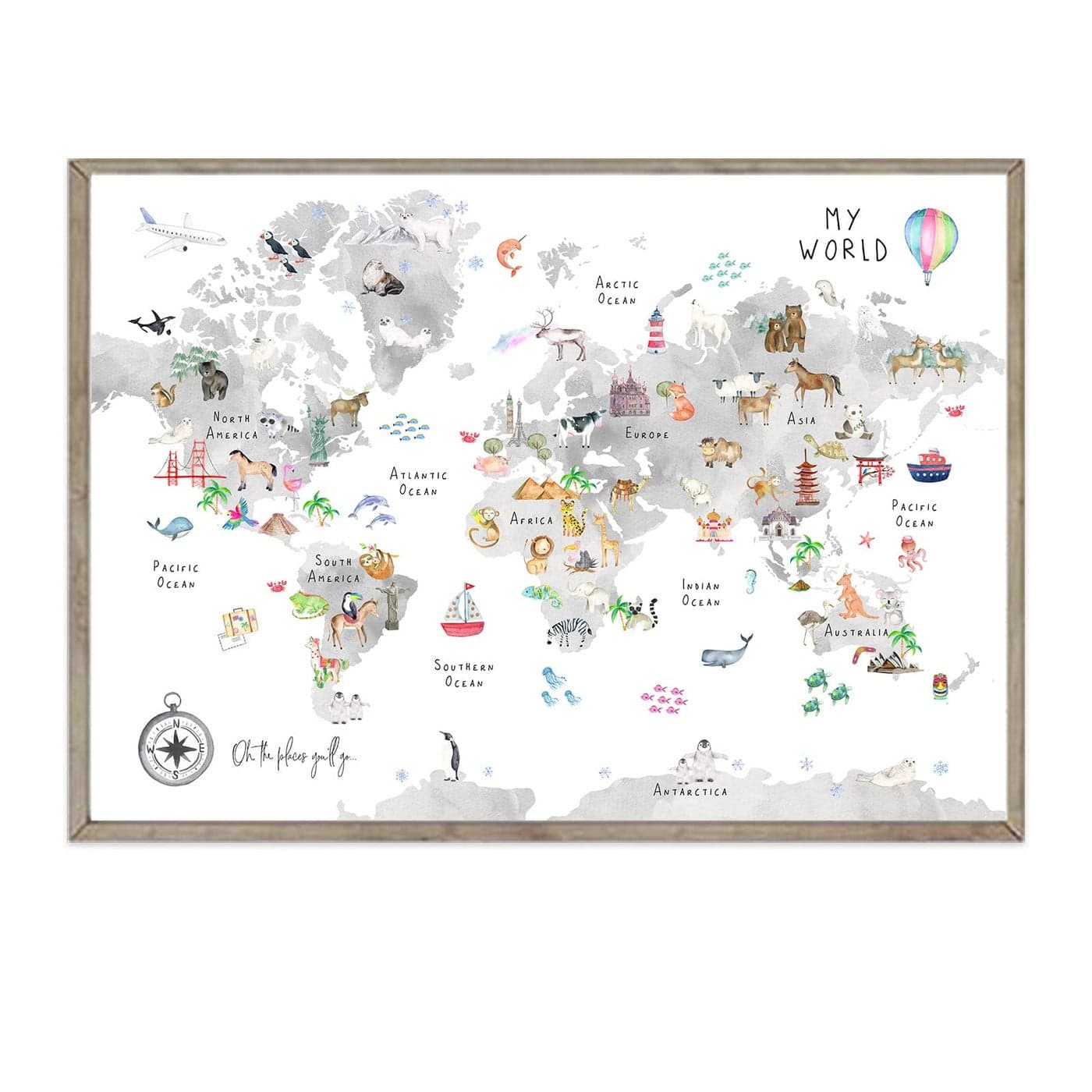 Joocrise Grey Kids World Map Wall Art Animal Canvas Wall Art Nursery Wall Decor World Map Poster Playroom Prints Educational Artwork16x24 Inch Unframed