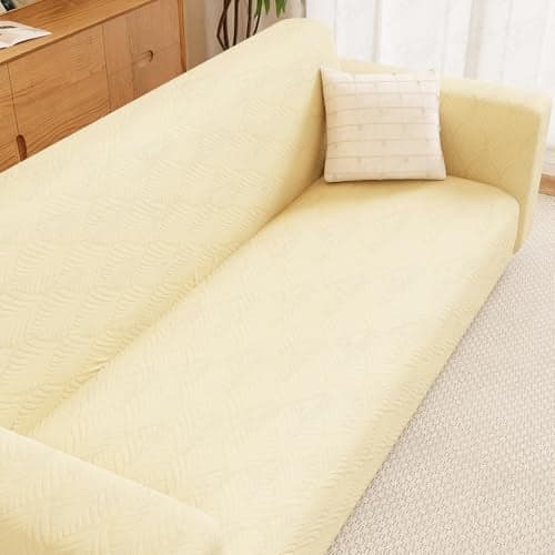 Lukzer 1 Seater Pastel Yellow Leaf Trail Pattern Sofa Cover | 240 GSM Universal Stretch Fit Jacquard Fabric Couch Protector | Fully Covered Anti Slip & Washable Sofa Cover | (90-140cm/SC-126-01)