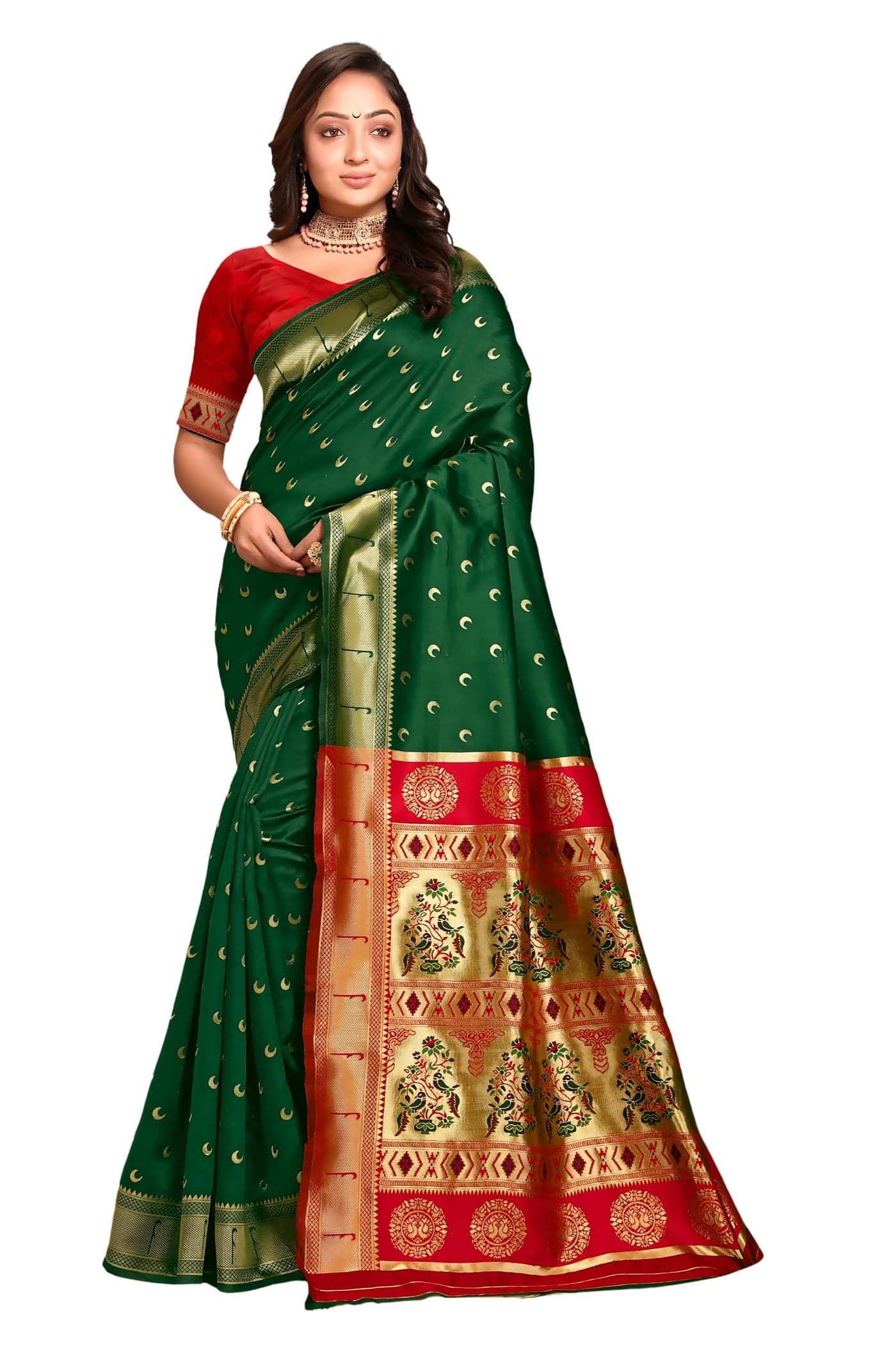 C J Enterprise Women's Banarasi Saree Pure Kanjivaram Silk Saree Soft Design Wear Pattu Sarees Latest Cotton With Blouse Piece for Wedding sadi new ladies 2025 (Chand paithani) (Green-Red)