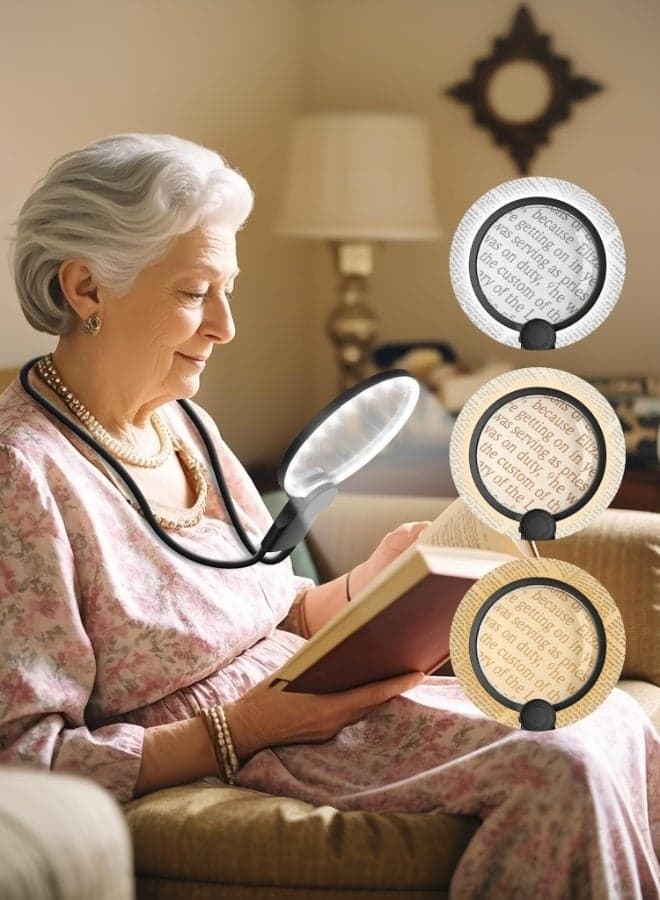 Hands Free Magnifying Glass with Light for Close Work, 5.5 Inch 5X Lighted Magnifying Glass, Neck Wear Magnifier for Reading Books, Sewing, Cross Stitch, Low Vision Seniors with Aging Eyes
