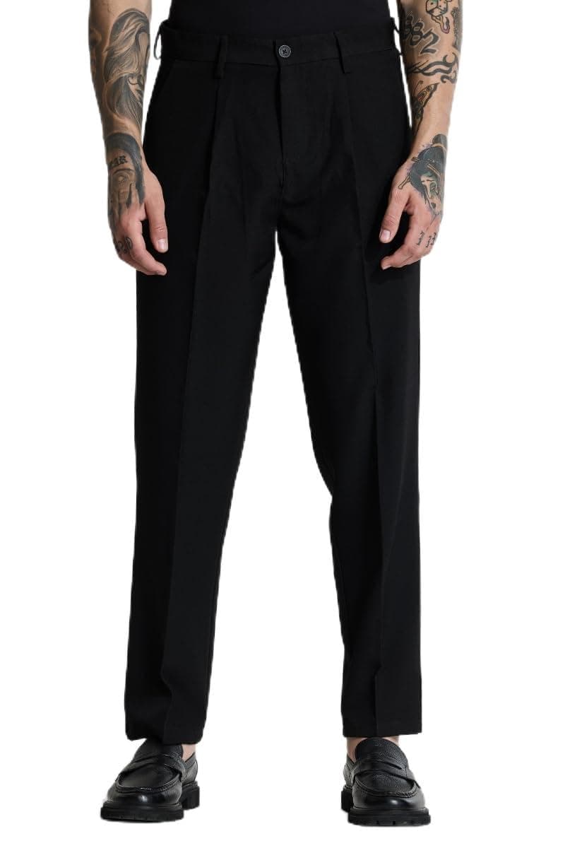 SNITCH Men Formal Trousers | Regular Fit Pleated Front with Turned-Up Hem | Polyester Blend Twill Weave for Office & Casual Wear | Wrinkle-Resistant & Machine Washable |Black
