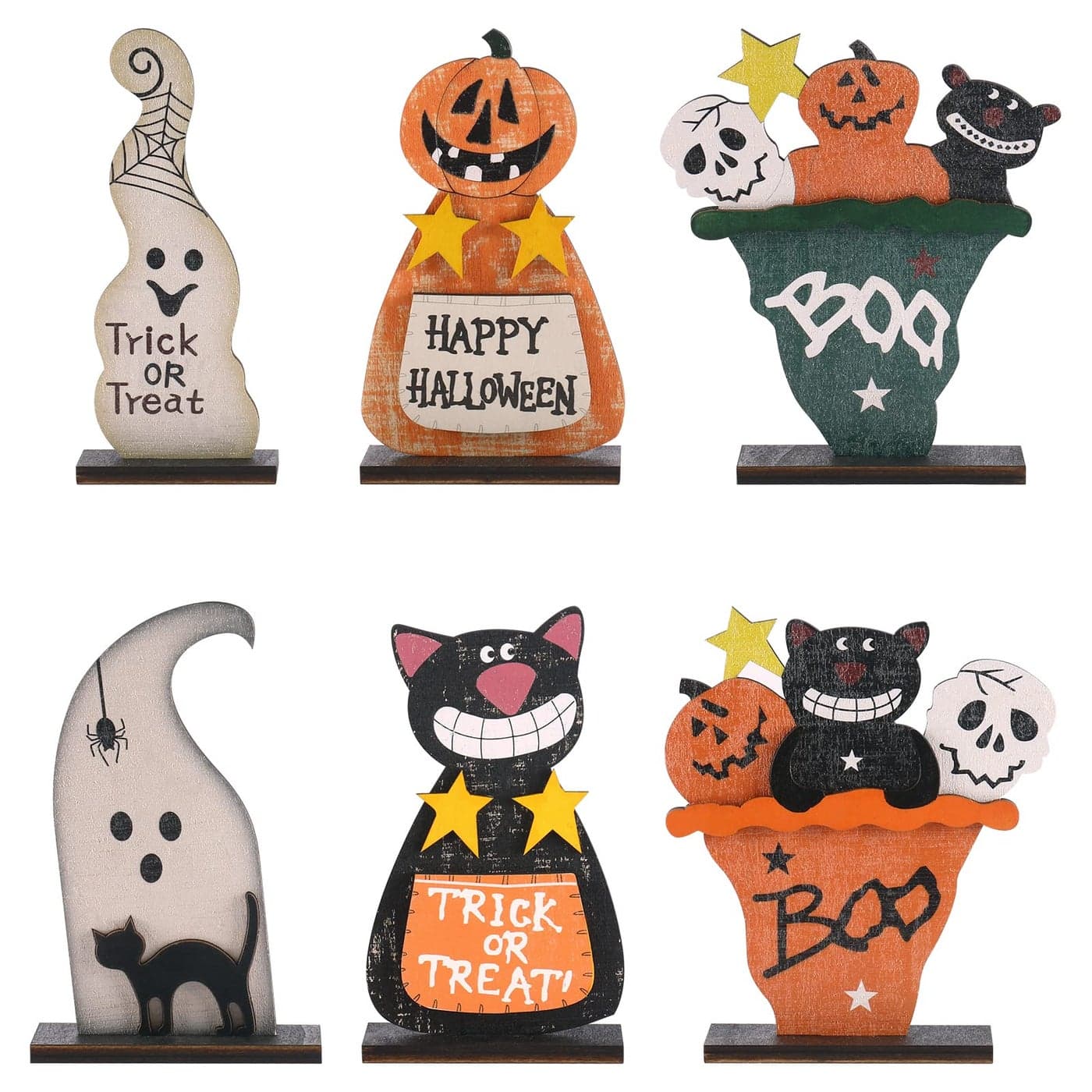 SY Super Bang Wooden Halloween Table Top Decorations 6PCS Retro Halloween Decor Including Black CatPumpkin MonsterGhostSkull Crafts for Home Farmhouse Holiday Indoor Rustic