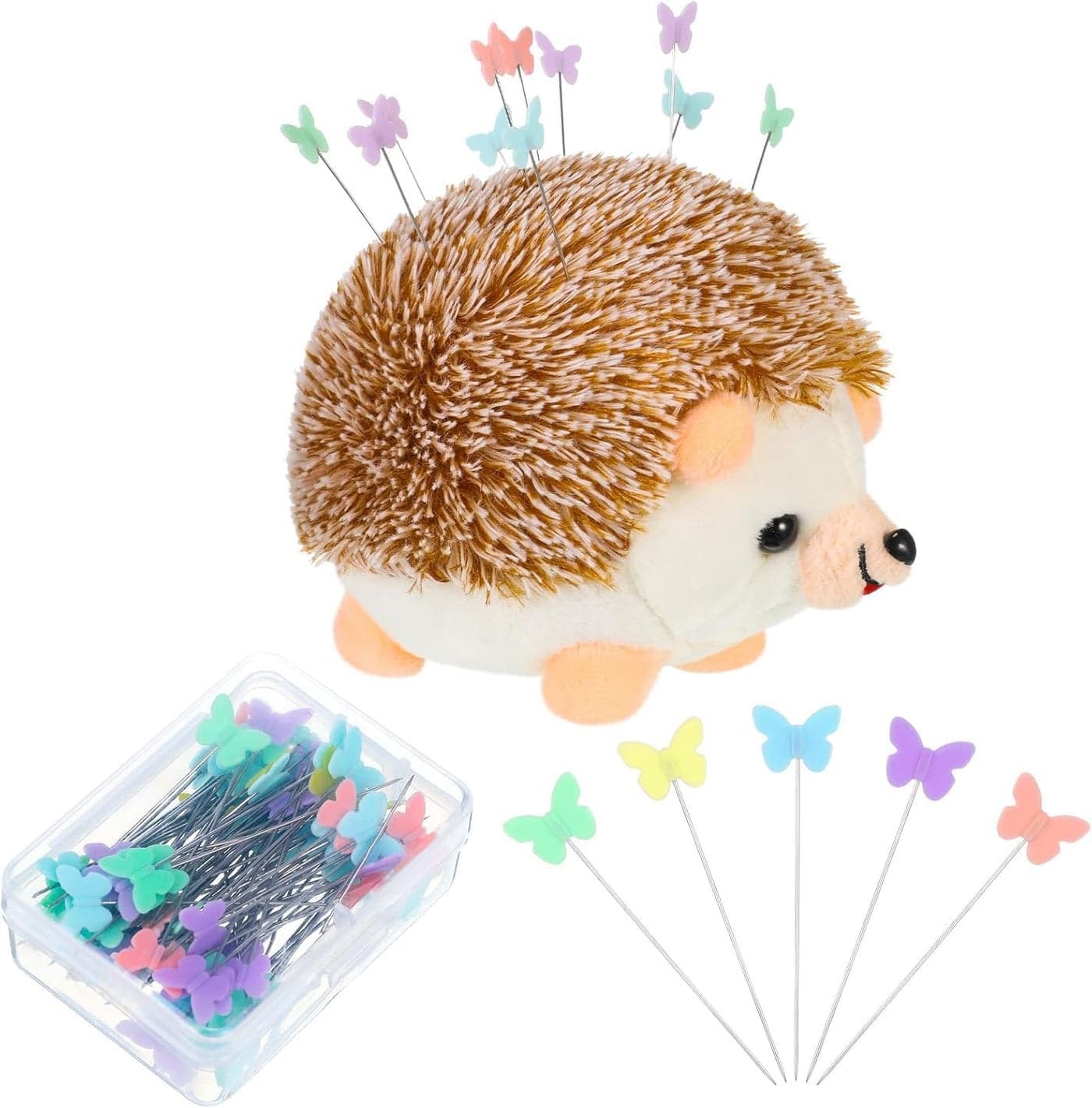 101 Pcs Hedgehog Sewing Pincushion Kit Pin Cushions for Sewing Cute Hedgehog Pin Cushion Butterfly Flat Head Straight Pins DIY Crafts Sewing Set Needle Cushions Holder for Christmas DIY Jewelry Decor
