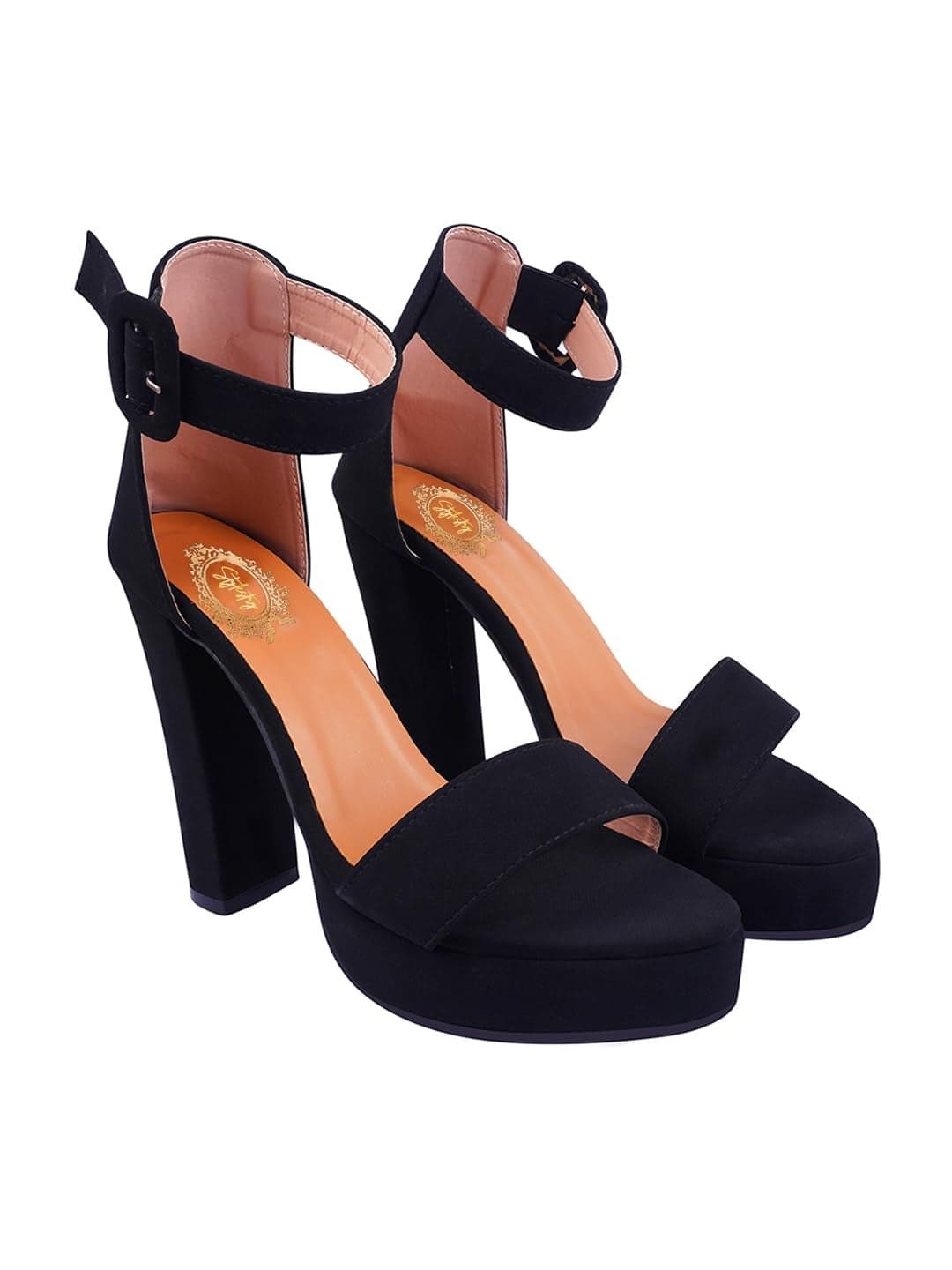 Shoetopia Women’s Black Velvet Block Heel Sandals – Stylish Comfortable Open Toe Platform with Ankle Strap, Party & Evening EU39