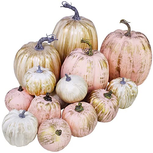14 pcs Assorted Artificial Gold Brushed White and Pink Pumpkins Rustic Decorative Pumpkins Foam Pumpkins for Farmhouse Fall Table Centerpiece Rustic Fall Wedding Decor Baby Shower