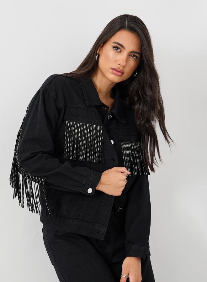 Regular Fit Buttoned Denim Jacket with Frings Detail — L