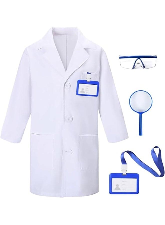 4 Pcs Kids Doctor Scientist Lab Costume Set - White Coat with Role Play Accessories, Lab Coat for Boys & Girls Perfect for Science Themed Birthday Parties, Pretend Play, School Plays & Dress-Up - Durable Costume Gift 110cm