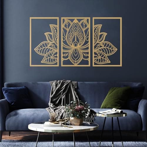 ESTART Large Lotus Flower Metal Wall Art 3-piece Set, Religion Faith Mandala Home Wall Decoration for Living Room, Bedroom, Office and Yoga Room