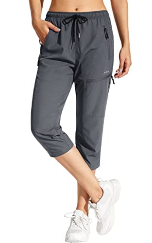 MOCOLY Women's Hiking Capris Pants Outdoor Lightweight Quick Dry Water Resistant UPF 50 Cargo Pants with Zipper Pockets Grey S