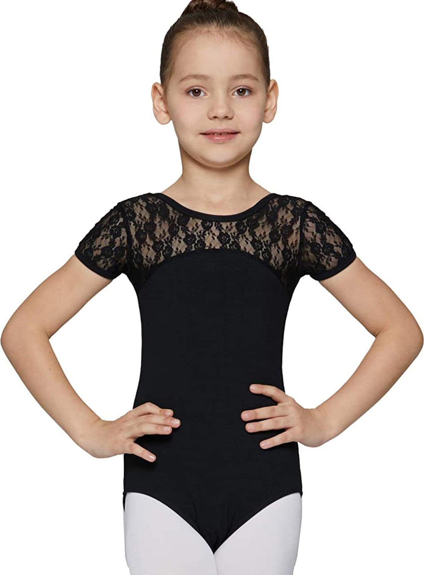 MdnMd Girls Ballet Dance Neck Lace Leotard for Toddler Gymnastic with Bow Back Detail Cap Sleeve (Black, 13-14 Years)