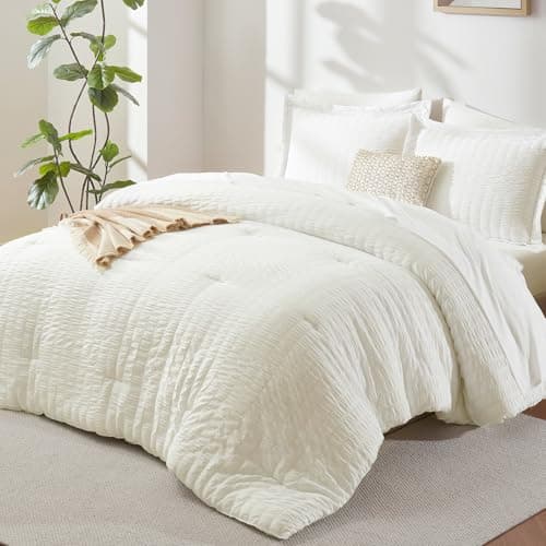 CozyLux King Size Comforter Set Ivory Seersucker 7 Pieces Bed in a Bag King Comforter Set with Sheets Luxury Soft Bedding Set with Down Alternative Comforter Sheets Pillowcases Shams All Seasons