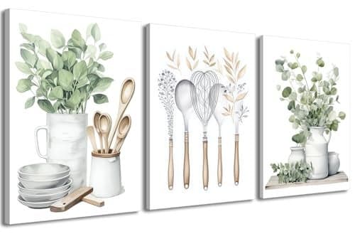 YFvrPt Sage Green Kitchen Wall Art Set of 3 Eucalyptus Leaves Plant Dining Room Painting Wall Decor Boho Botanical Canvas Poster Print Farmhouse Pictures for Home Decoration Framed 12x16