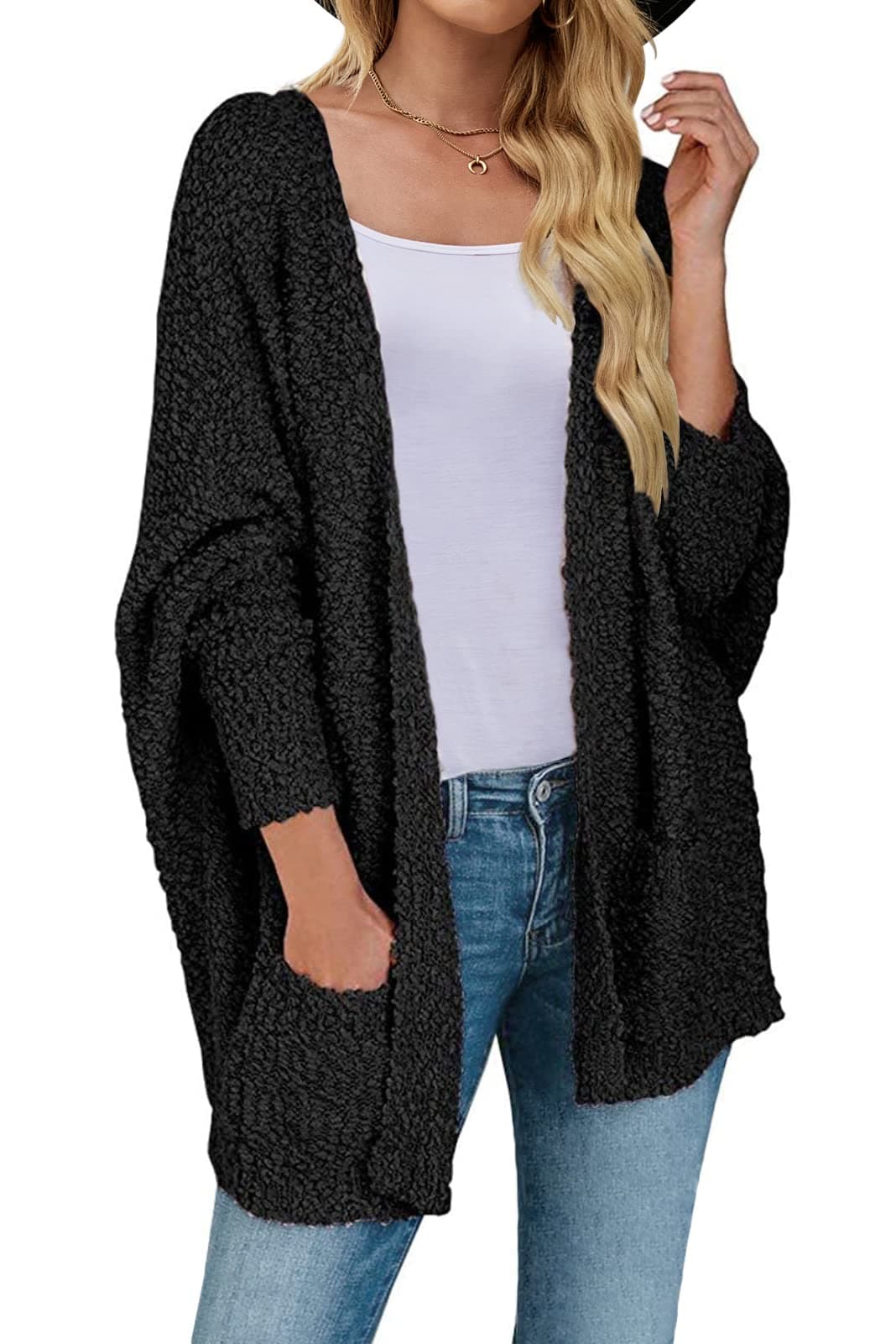 MEROKEETY Women's 2024 Winter Fuzzy Popcorn Batwing Sleeve Cardigan Knit Oversized Sherpa Sweater Coat, Black, XX-Large