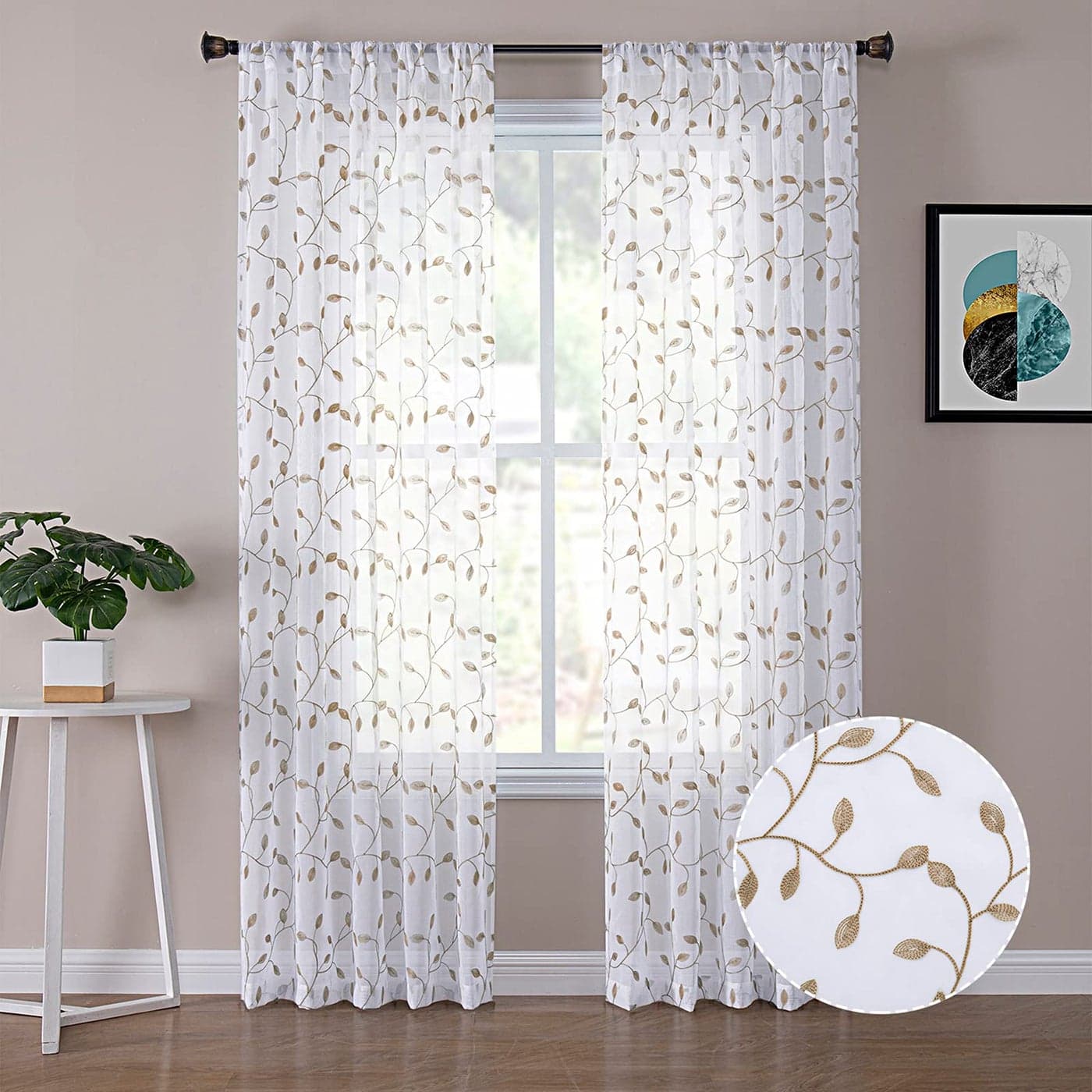 Tollpiz Leaves Sheer Curtain Taupe Leaf Embroidery Bedroom Curtains Rod Pocket Voile Faux Linen Embroidered Leaves Curtain for Living Room 54 x 84 inches Long Set of 2 Panels