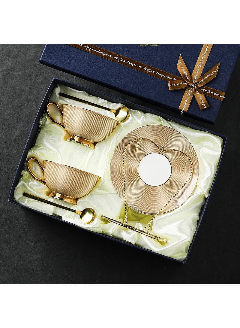 Bone China Golden stripe Tea Cup with Saucer Spoon 6 Piece Set(7oz)Cappuccino Cups, Coffee Cups, Tea Cup Set, British Coffee Cups, Porcelain Tea Set, Latte Cups, Mother's Day Gift