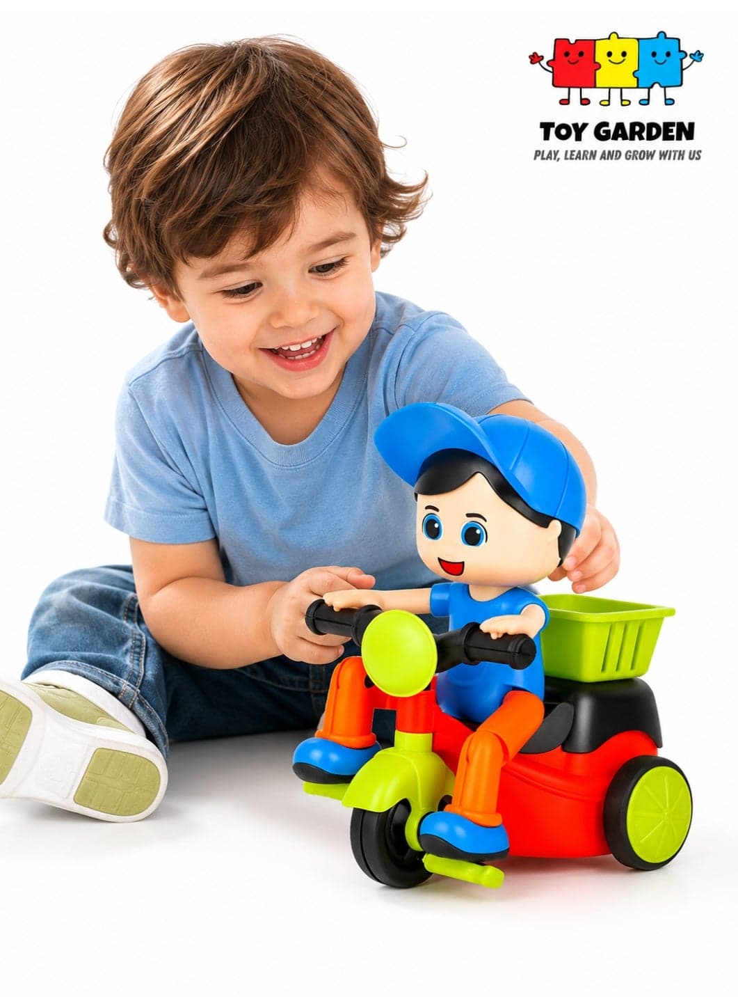 Mini Tricycle Toy - Automatic 360 Degree Rotating Tricycle Toys - Friction-Powered Cartoon Scooter for Kids with Back Basket - Perfect Gift for Little Adventurers