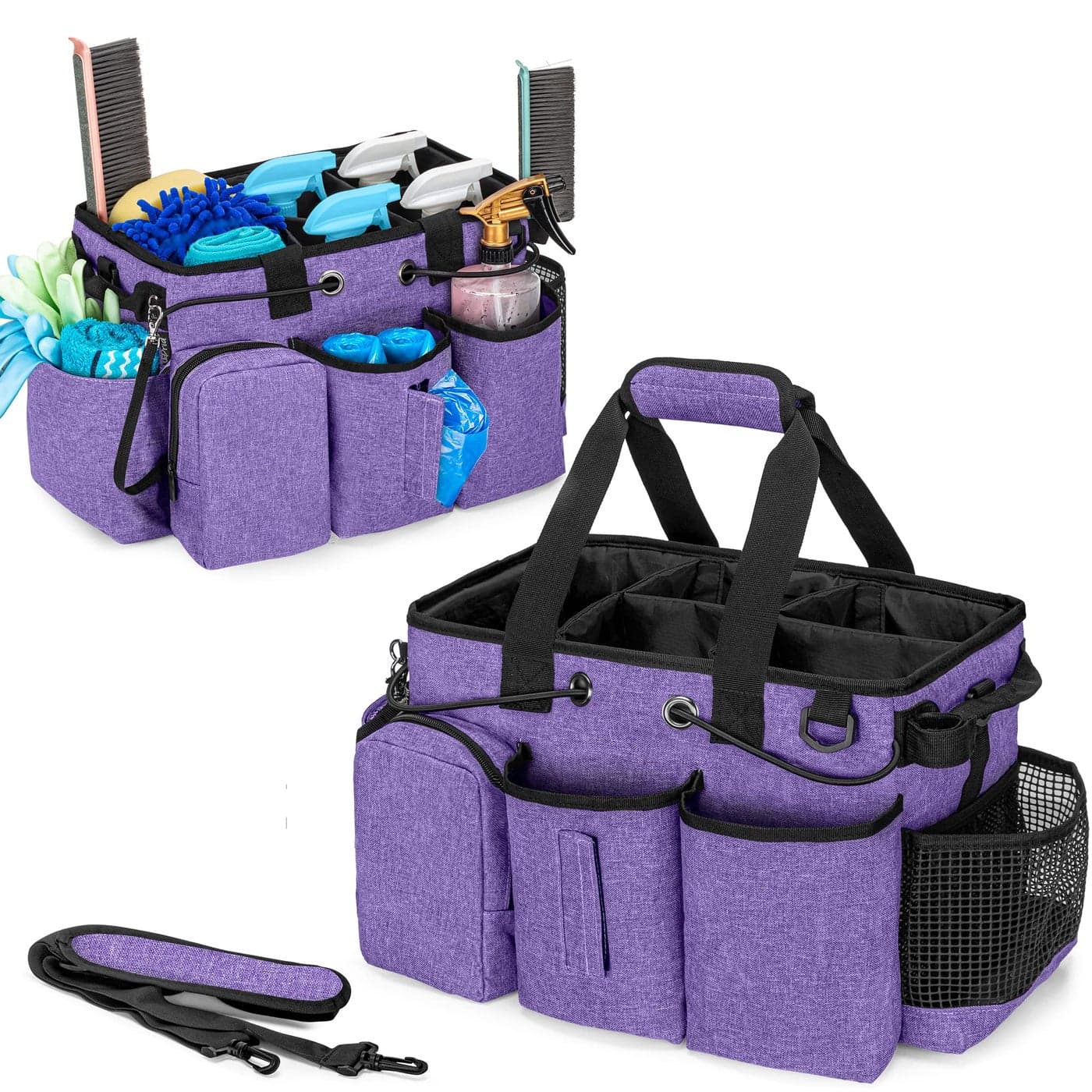 LoDrid Large Professional Cleaning Caddy with Detachable Divider Supply Organizer with Handle and Shoulder Strap Cleaning Bags for Housekeepers Cleaners Purple