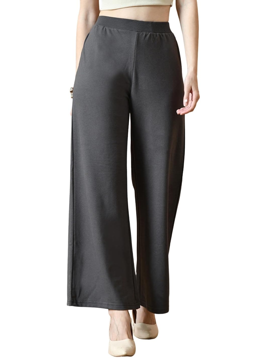 FITINC Women Cotton Wide Leg Flared Trousers Track Pants, Charcoal - Small