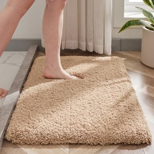 Disolla Small Bathroom Rug 17x24 Non Slip Beige Fluffy Bath Mat for Bathroom Floor Washable Plush Luxury Bath Rug for Tub Soft Shaggy Absorbent Shower Mat