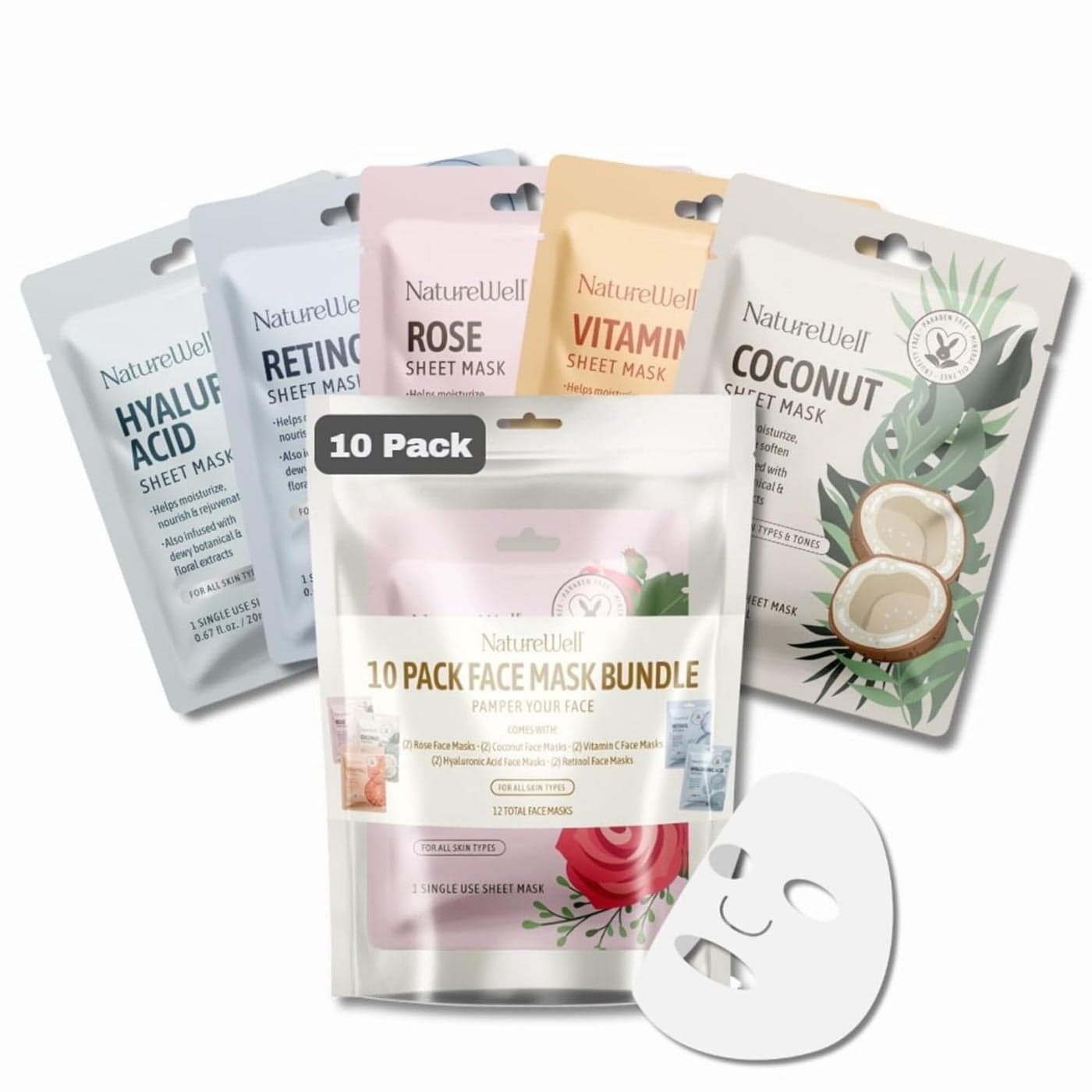 NATURE WELL Single Use Face Mask Sheet Skincare Treatment Multipack For All Skin Types Includes Hyaluronic Acid Rose Retinol Coconut Vitamin C Pack of 10